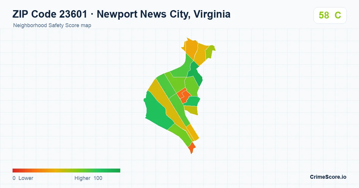 ZIP Code 23601 in Newport News City, Virginia neighborhood Safety Score map