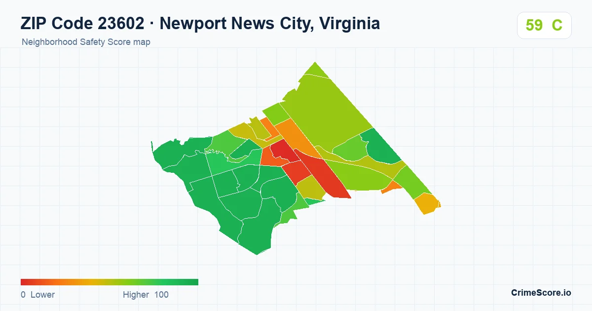 ZIP Code 23602 in Newport News City, Virginia neighborhood Safety Score map