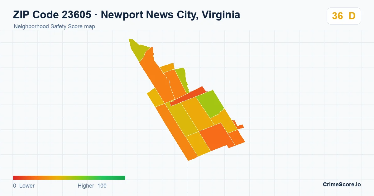 ZIP Code 23605 in Newport News City, Virginia neighborhood Safety Score map