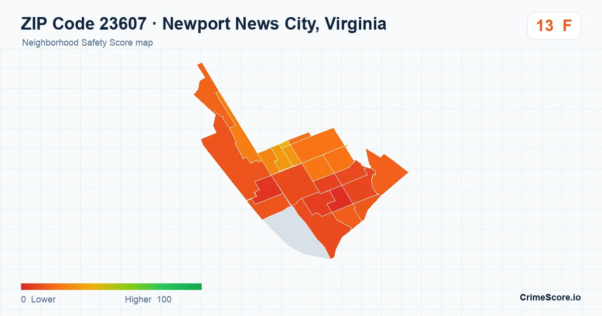 ZIP Code 23607 in Newport News City, Virginia neighborhood Safety Score map