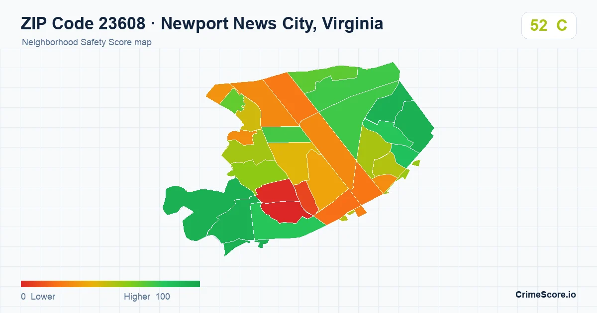 ZIP Code 23608 in Newport News City, Virginia neighborhood Safety Score map