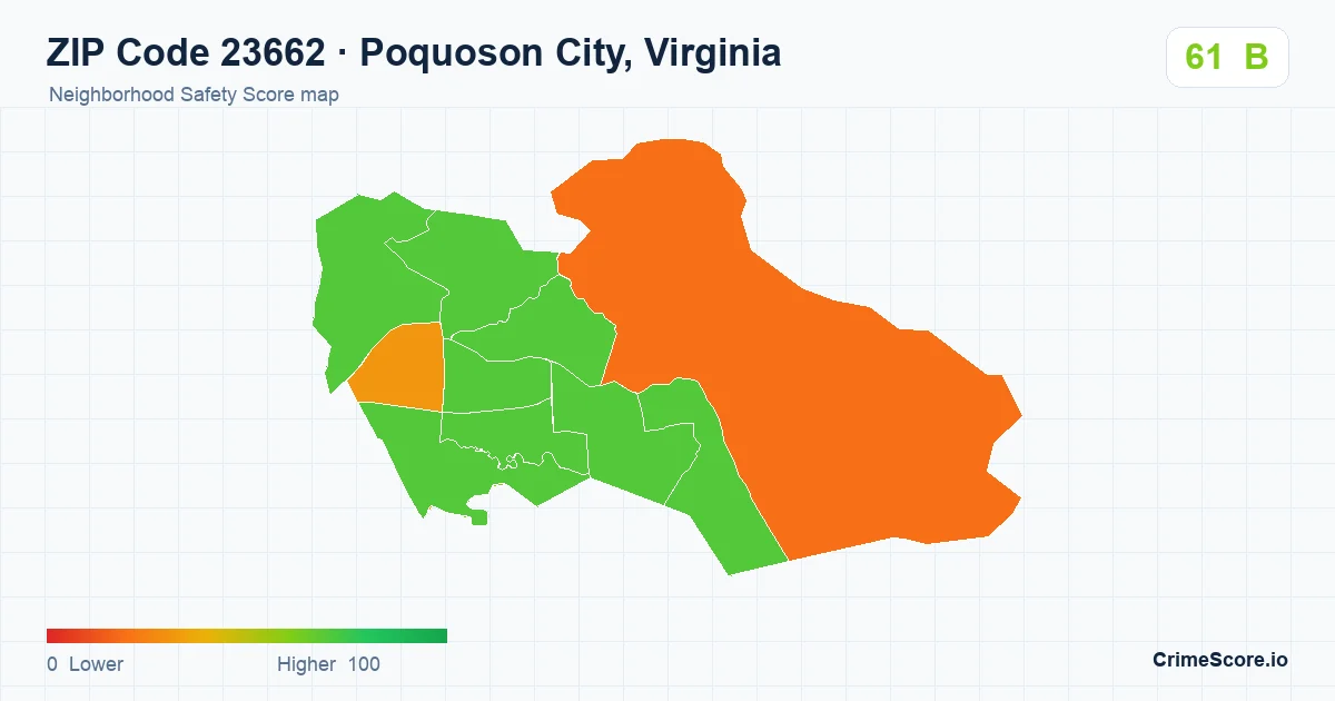 ZIP Code 23662 in Poquoson City, Virginia neighborhood Safety Score map