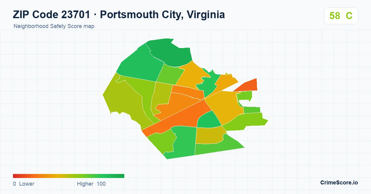 ZIP Code 23701 in Portsmouth City, Virginia neighborhood Safety Score map