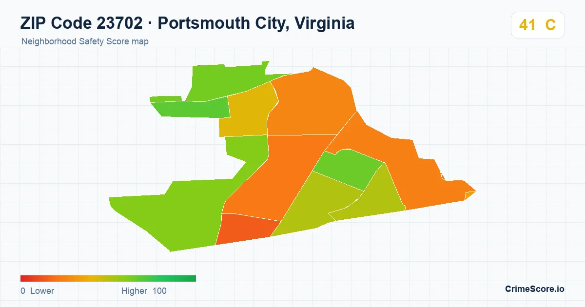 ZIP Code 23702 in Portsmouth City, Virginia neighborhood Safety Score map