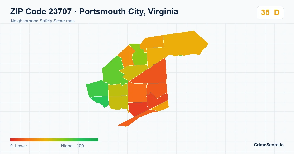 ZIP Code 23707 in Portsmouth City, Virginia neighborhood Safety Score map