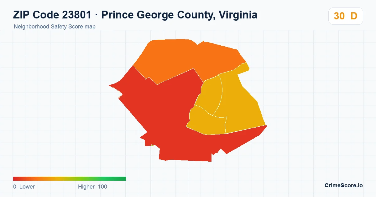 ZIP Code 23801 in Prince George County, Virginia neighborhood Safety Score map