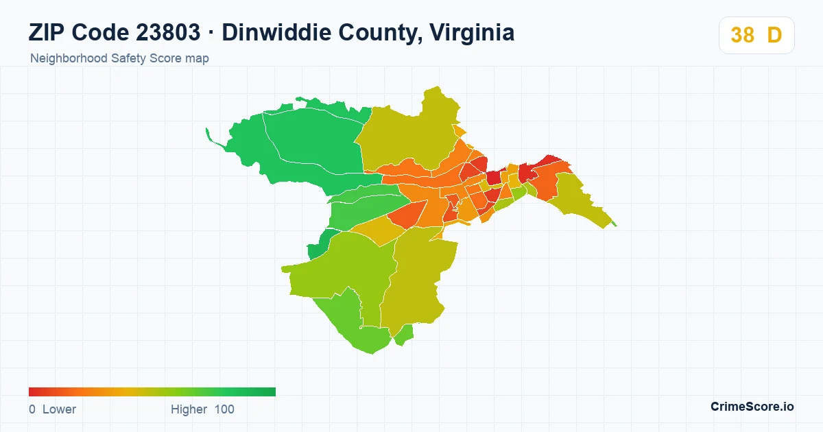 ZIP Code 23803 in Dinwiddie County, Virginia neighborhood Safety Score map
