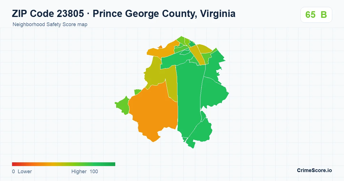 ZIP Code 23805 in Prince George County, Virginia neighborhood Safety Score map