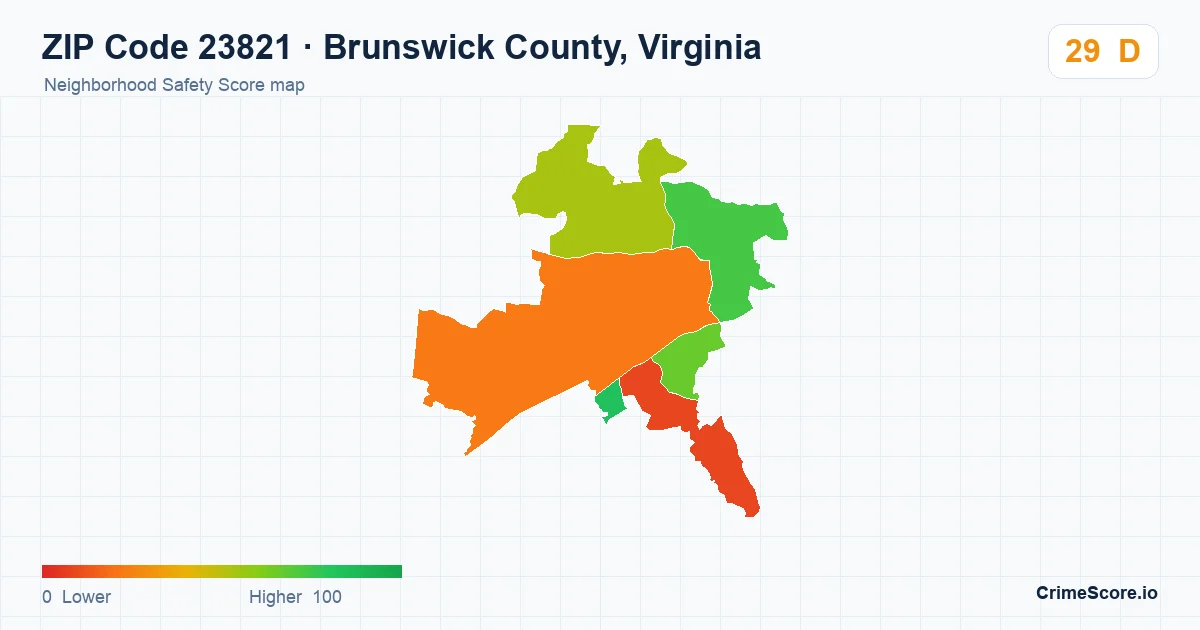 ZIP Code 23821 in Brunswick County, Virginia neighborhood Safety Score map