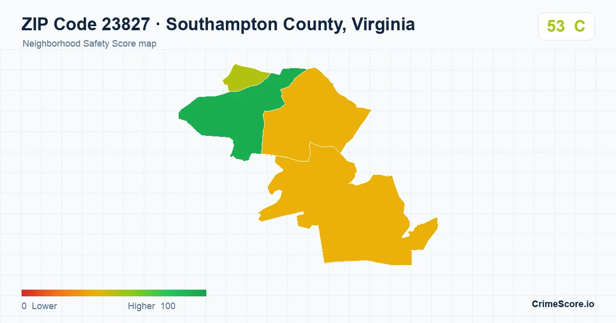 ZIP Code 23827 in Southampton County, Virginia neighborhood Safety Score map