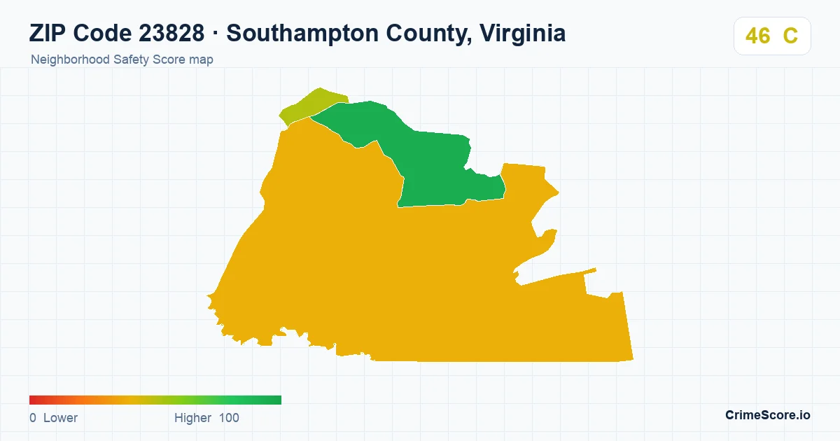 ZIP Code 23828 in Southampton County, Virginia neighborhood Safety Score map
