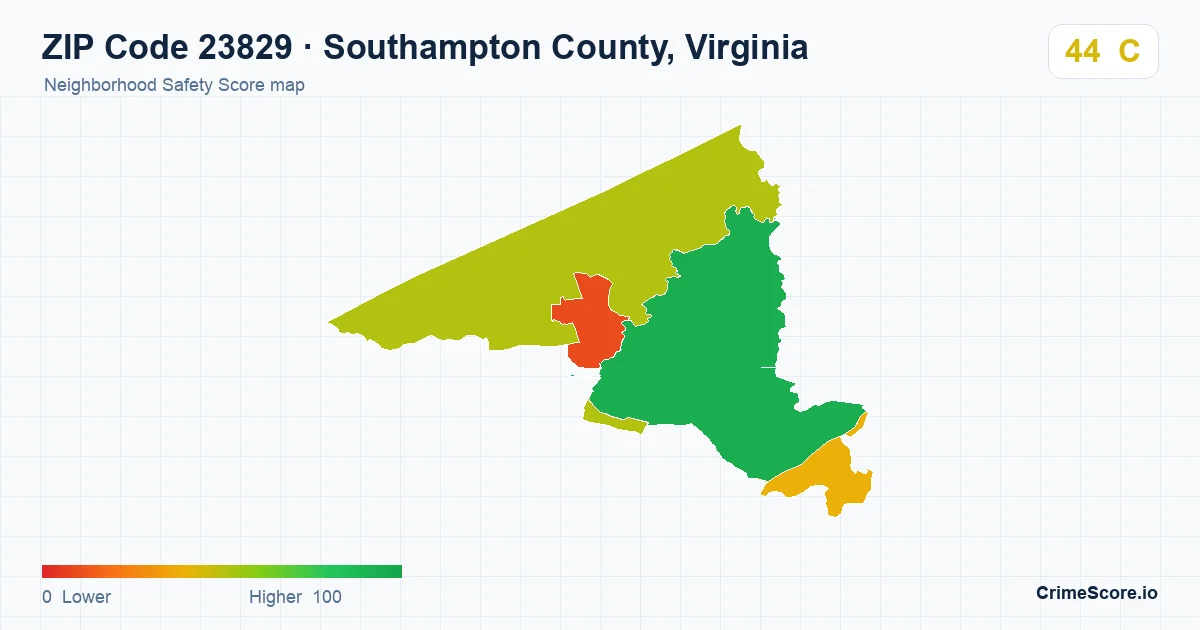 ZIP Code 23829 in Southampton County, Virginia neighborhood Safety Score map