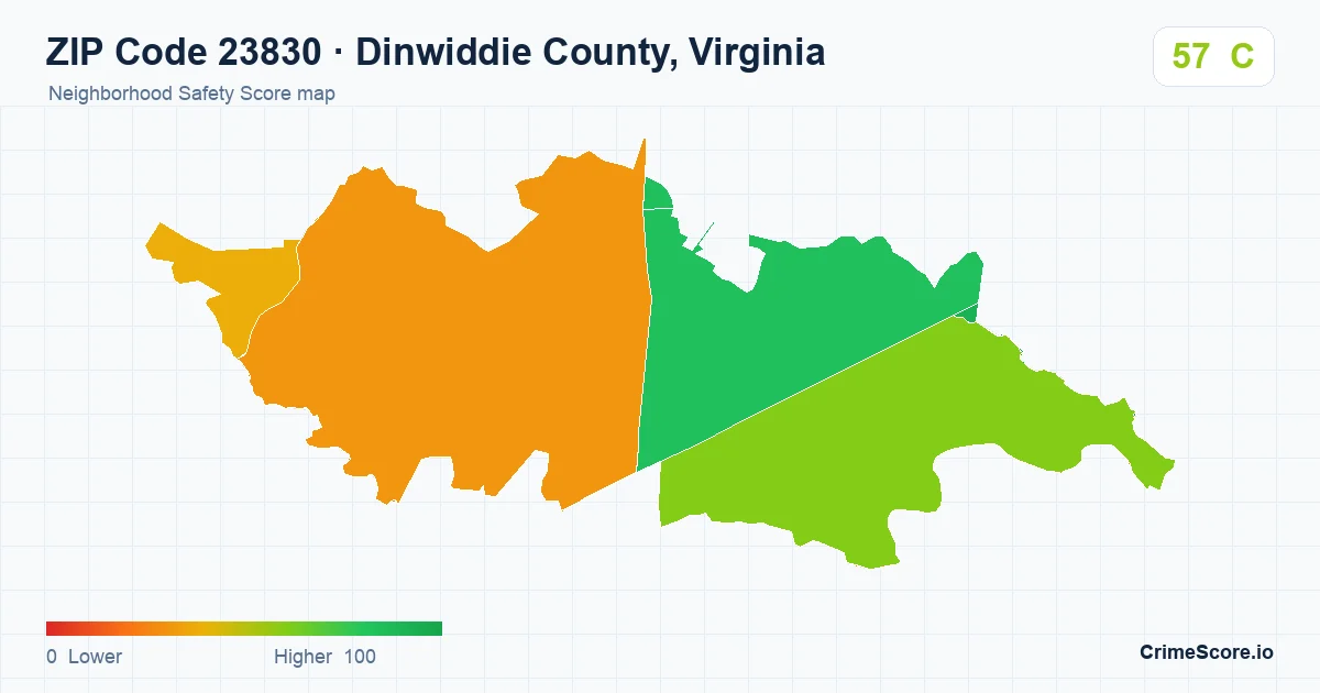 ZIP Code 23830 in Dinwiddie County, Virginia neighborhood Safety Score map