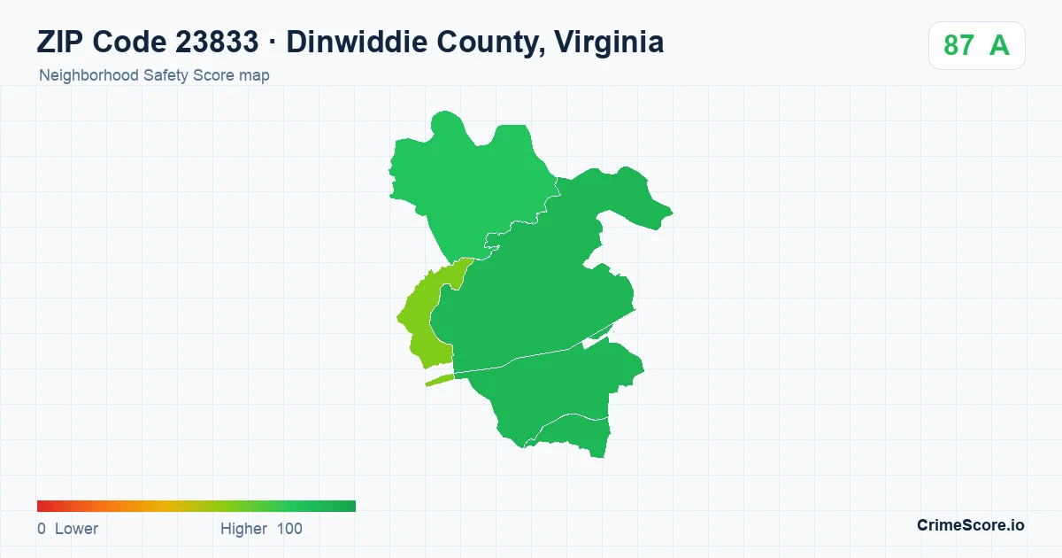 ZIP Code 23833 in Dinwiddie County, Virginia neighborhood Safety Score map