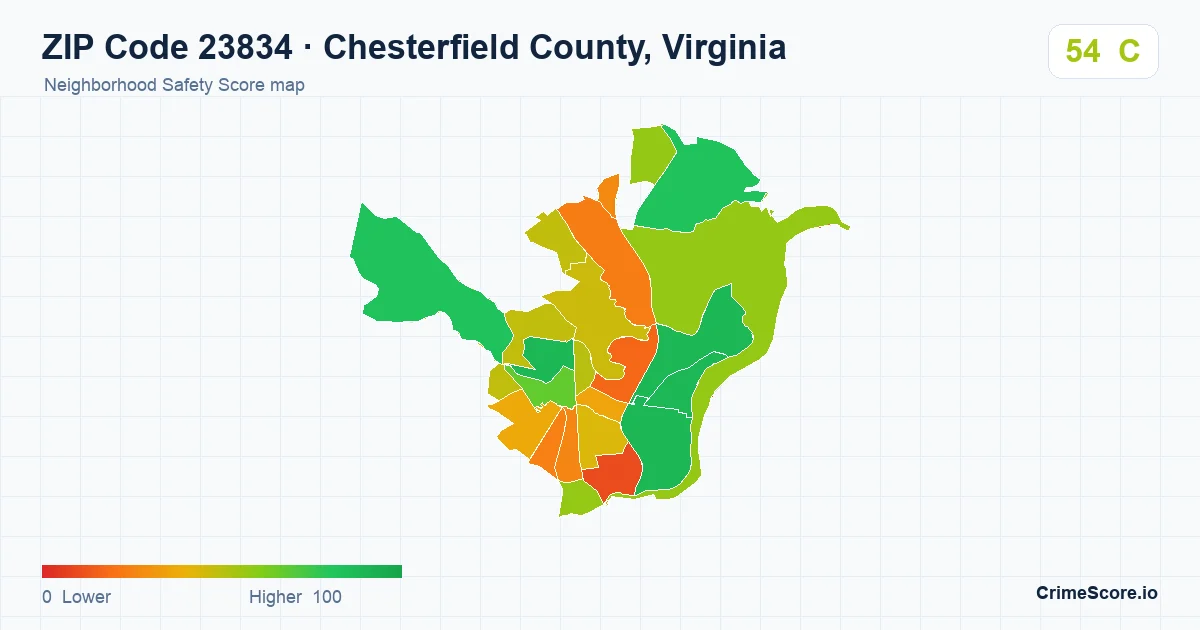 ZIP Code 23834 in Chesterfield County, Virginia neighborhood Safety Score map