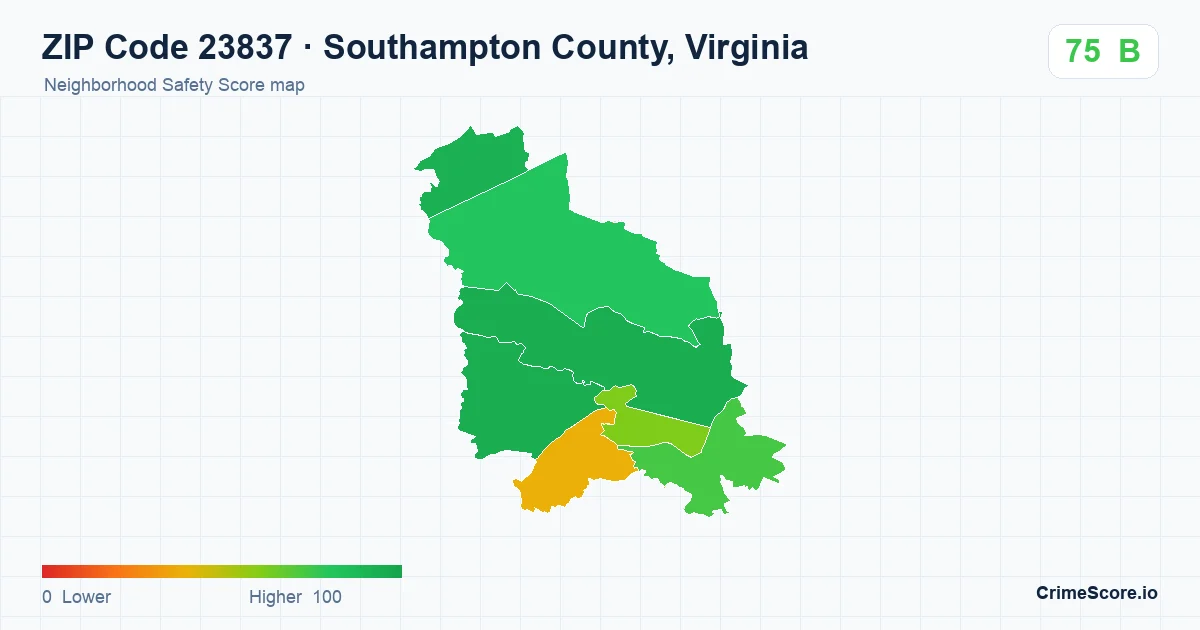 ZIP Code 23837 in Southampton County, Virginia neighborhood Safety Score map