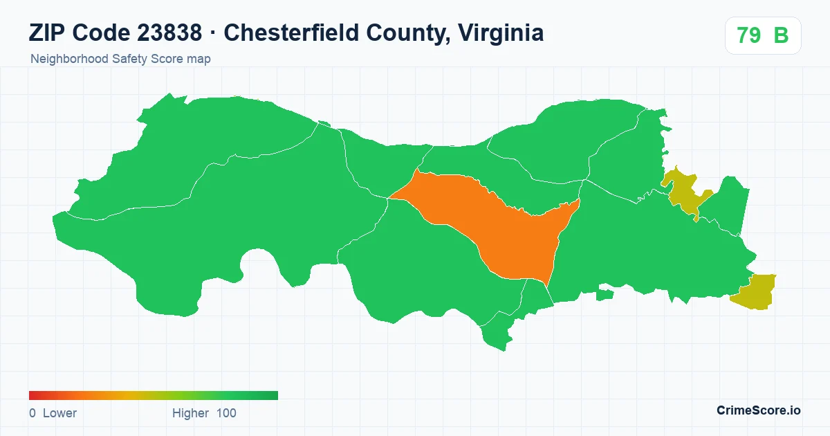 ZIP Code 23838 in Chesterfield County, Virginia neighborhood Safety Score map