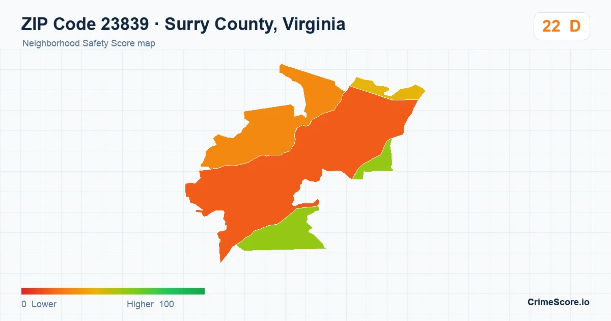 ZIP Code 23839 in Surry County, Virginia neighborhood Safety Score map