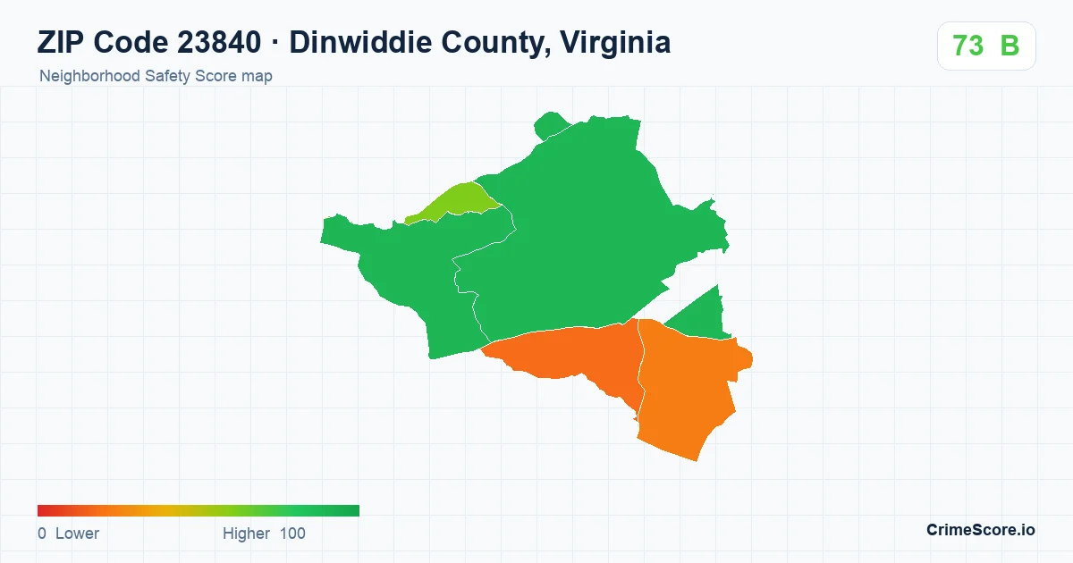 ZIP Code 23840 in Dinwiddie County, Virginia neighborhood Safety Score map