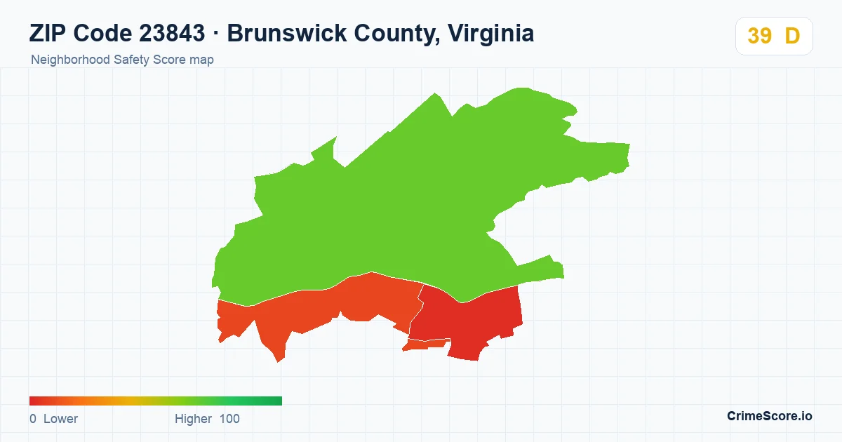 ZIP Code 23843 in Brunswick County, Virginia neighborhood Safety Score map
