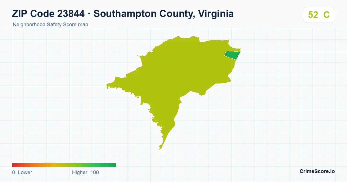 ZIP Code 23844 in Southampton County, Virginia neighborhood Safety Score map