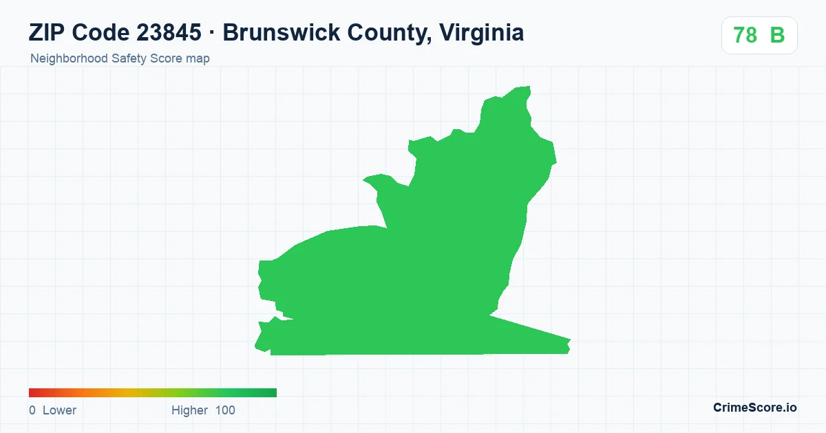 ZIP Code 23845 in Brunswick County, Virginia neighborhood Safety Score map