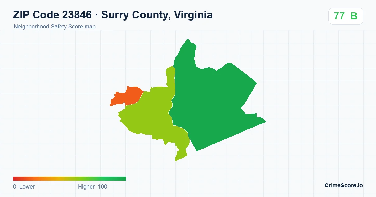 ZIP Code 23846 in Surry County, Virginia neighborhood Safety Score map