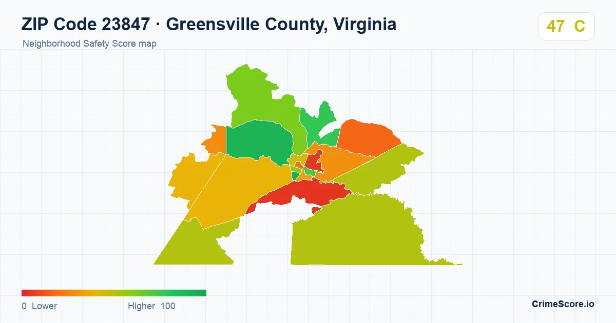 ZIP Code 23847 in Greensville County, Virginia neighborhood Safety Score map