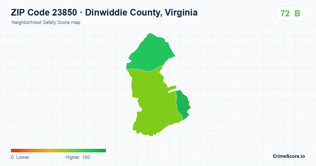 ZIP Code 23850 in Dinwiddie County, Virginia neighborhood Safety Score map
