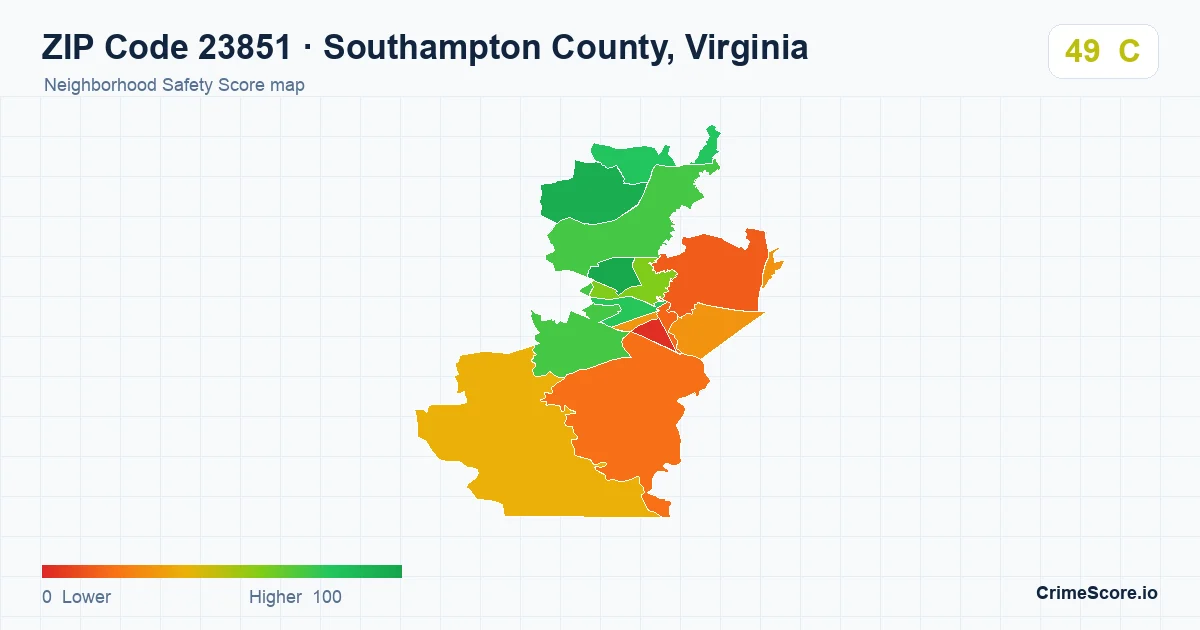 ZIP Code 23851 in Southampton County, Virginia neighborhood Safety Score map