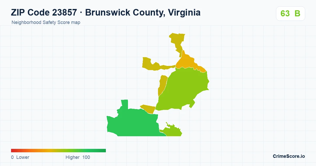 ZIP Code 23857 in Brunswick County, Virginia neighborhood Safety Score map