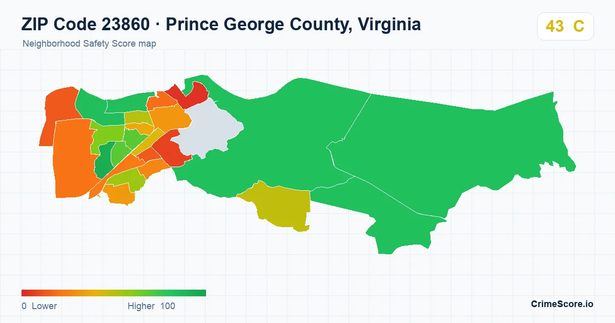 ZIP Code 23860 in Prince George County, Virginia neighborhood Safety Score map