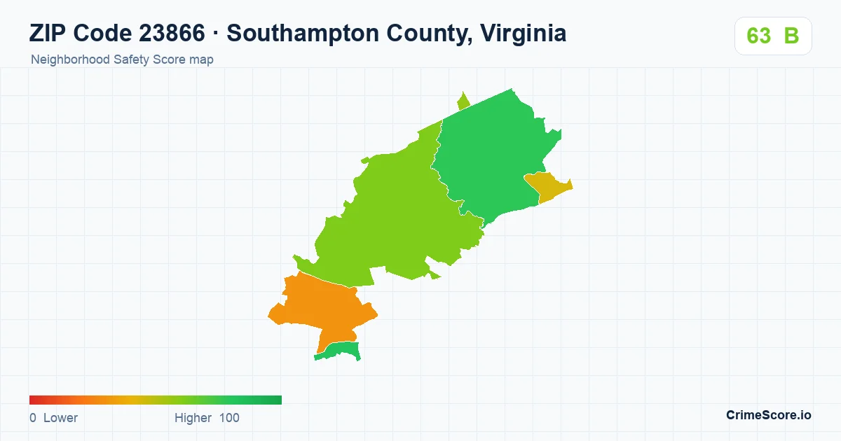 ZIP Code 23866 in Southampton County, Virginia neighborhood Safety Score map