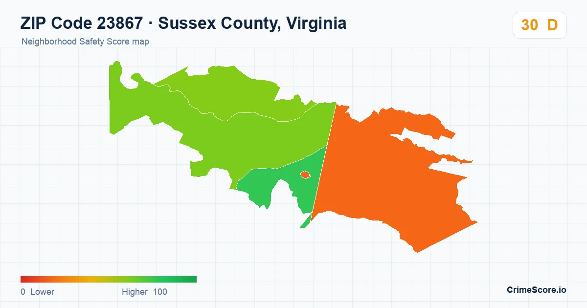 ZIP Code 23867 in Sussex County, Virginia neighborhood Safety Score map