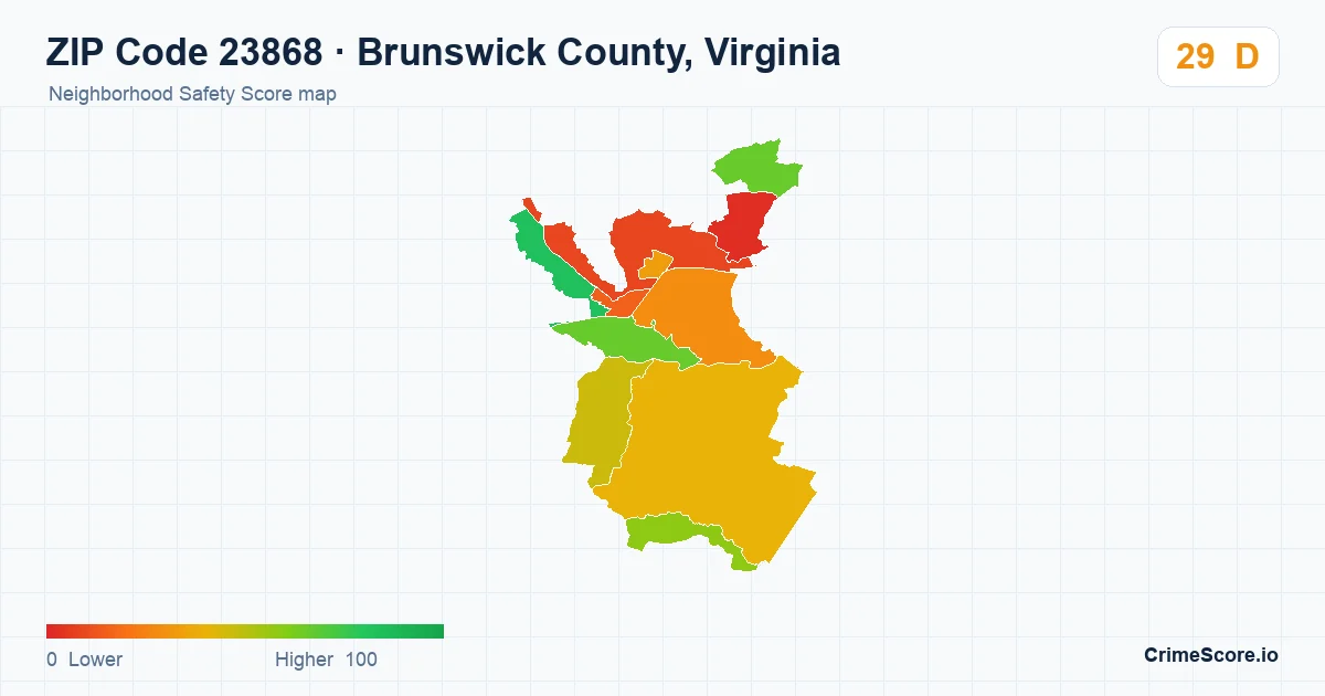 ZIP Code 23868 in Brunswick County, Virginia neighborhood Safety Score map