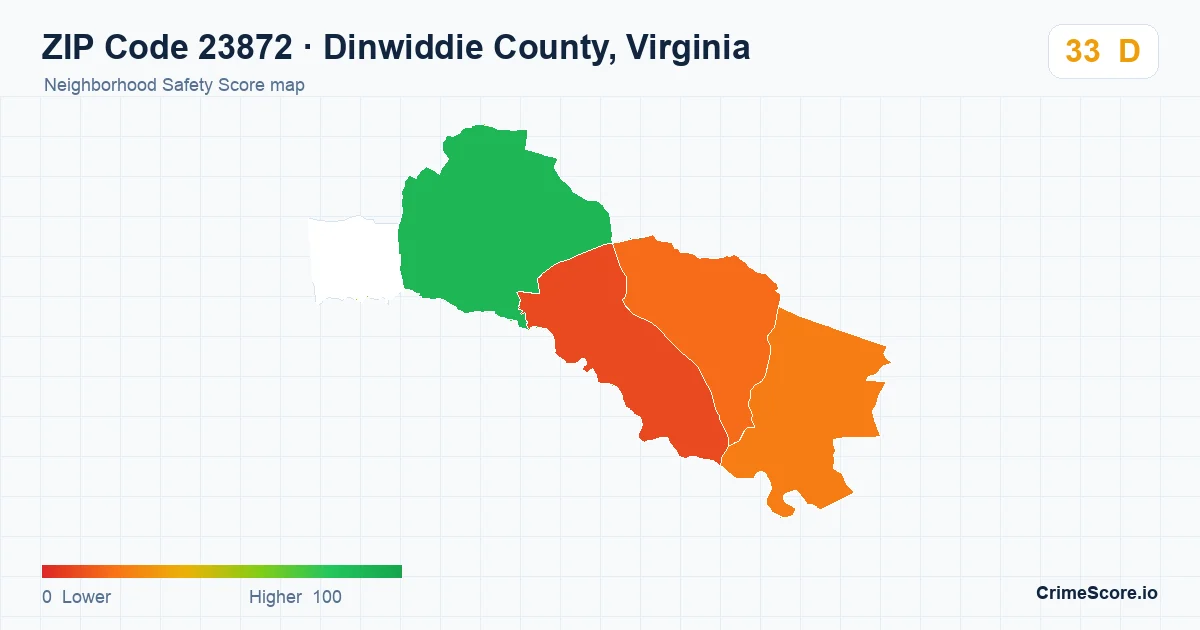 ZIP Code 23872 in Dinwiddie County, Virginia neighborhood Safety Score map
