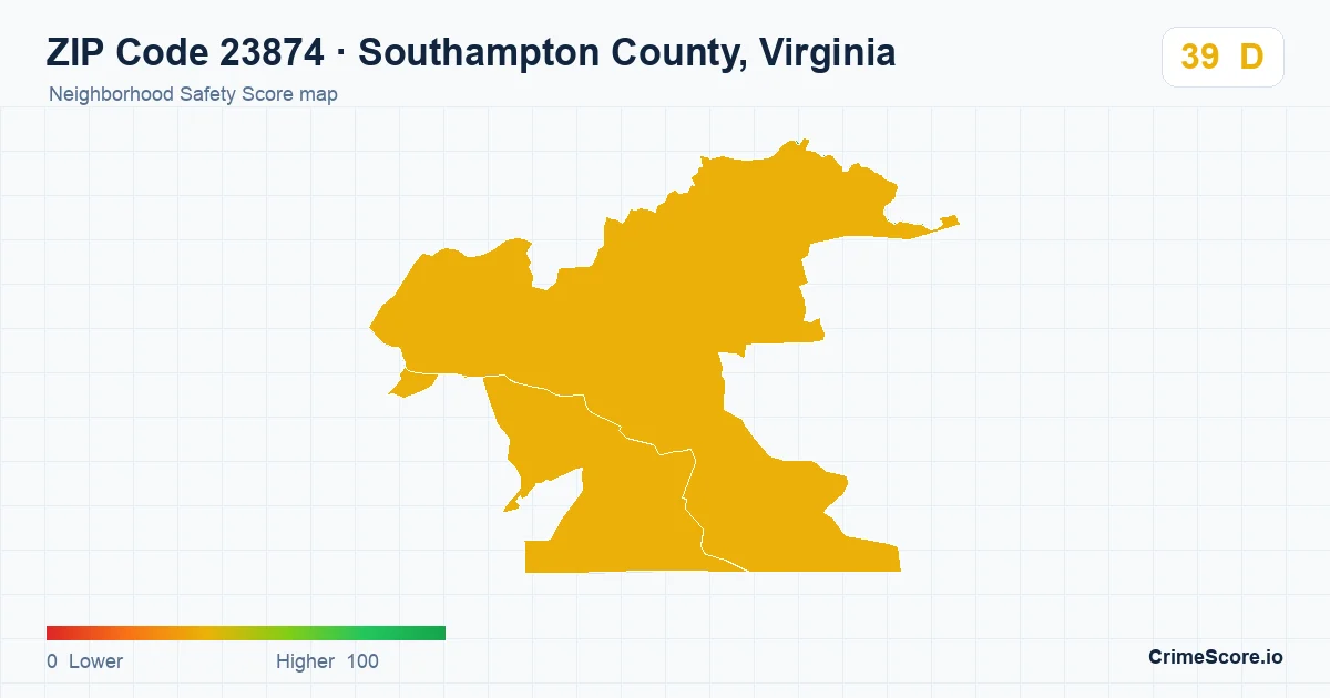 ZIP Code 23874 in Southampton County, Virginia neighborhood Safety Score map
