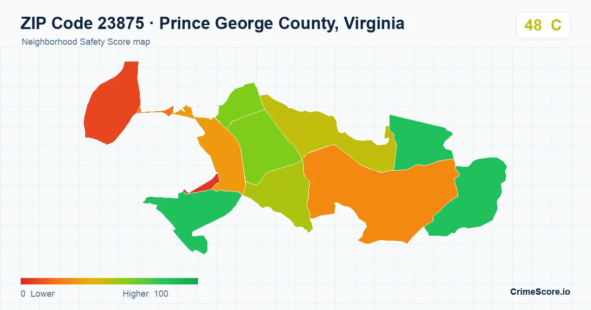 ZIP Code 23875 in Prince George County, Virginia neighborhood Safety Score map