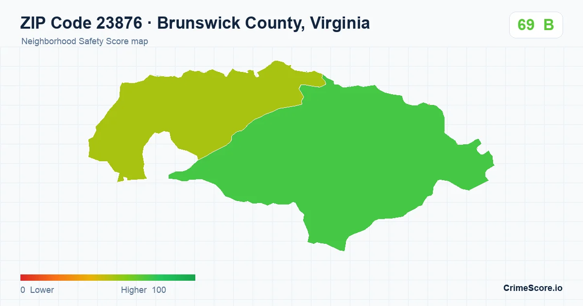 ZIP Code 23876 in Brunswick County, Virginia neighborhood Safety Score map