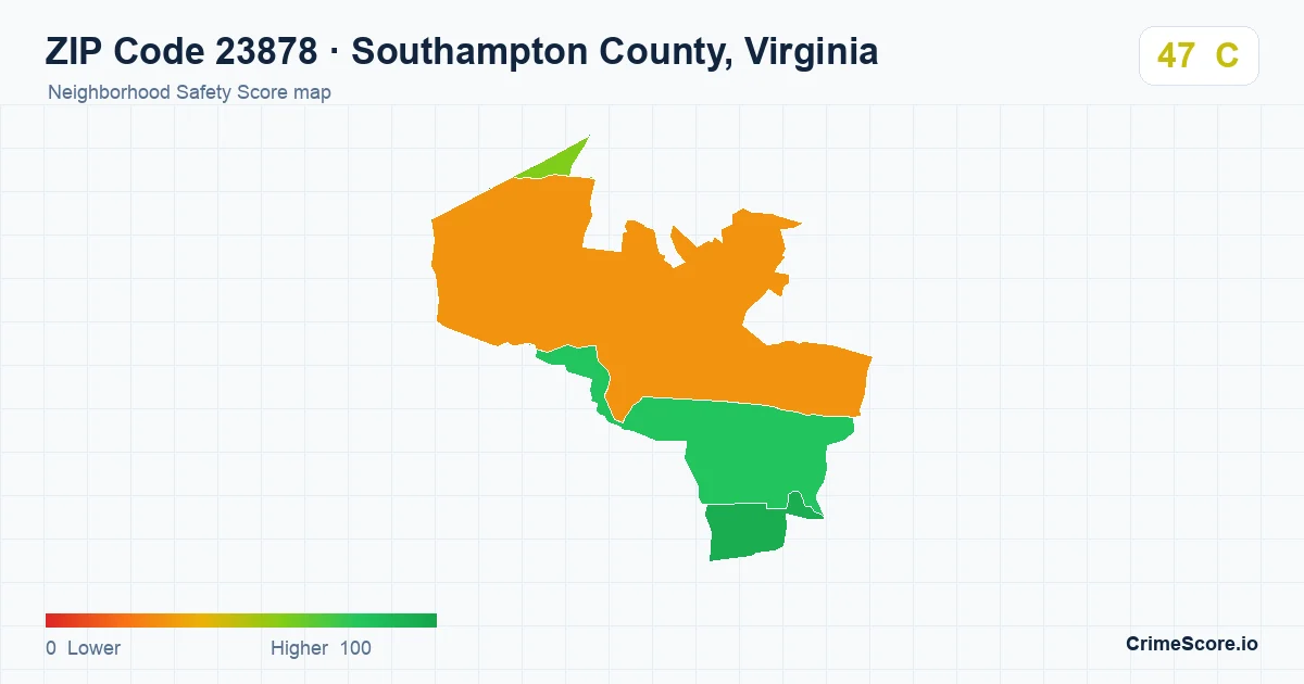 ZIP Code 23878 in Southampton County, Virginia neighborhood Safety Score map
