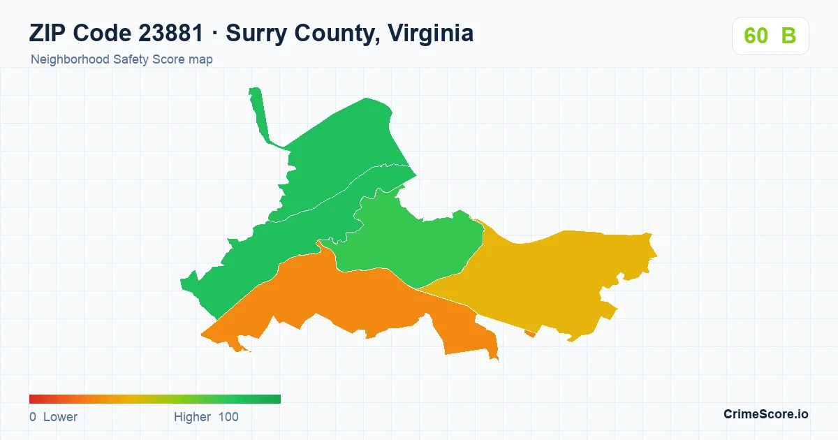 ZIP Code 23881 in Surry County, Virginia neighborhood Safety Score map
