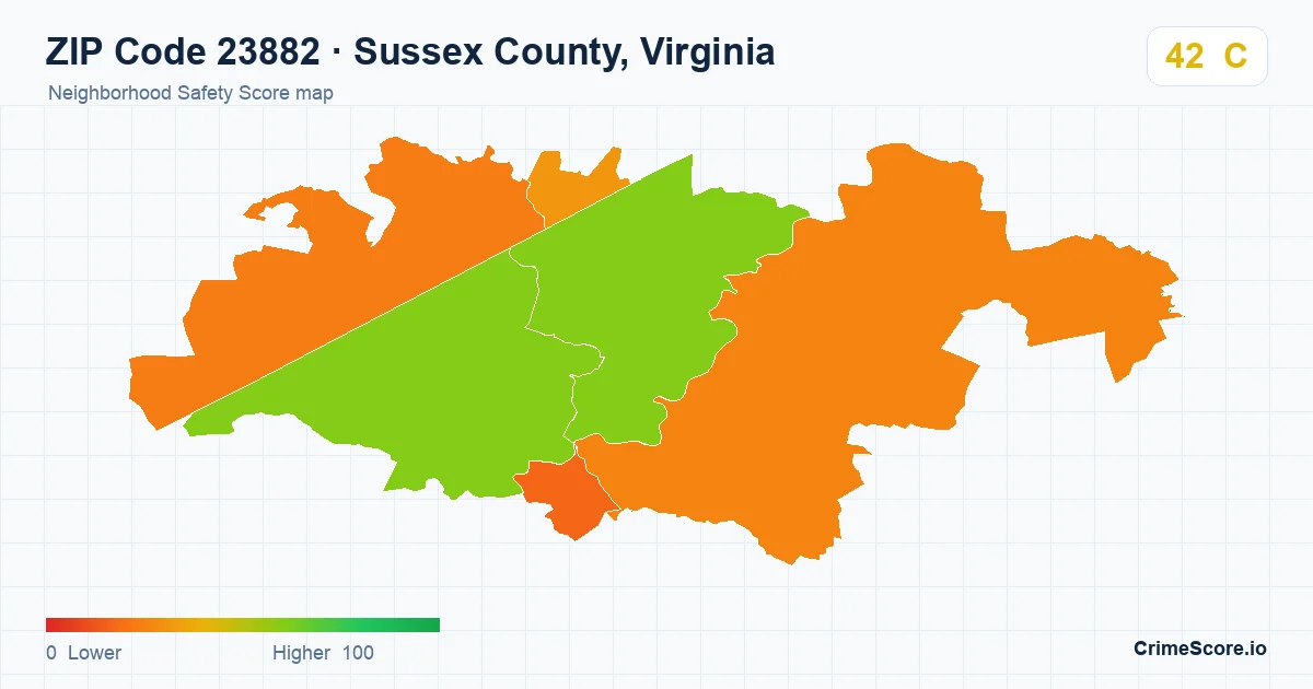 ZIP Code 23882 in Sussex County, Virginia neighborhood Safety Score map