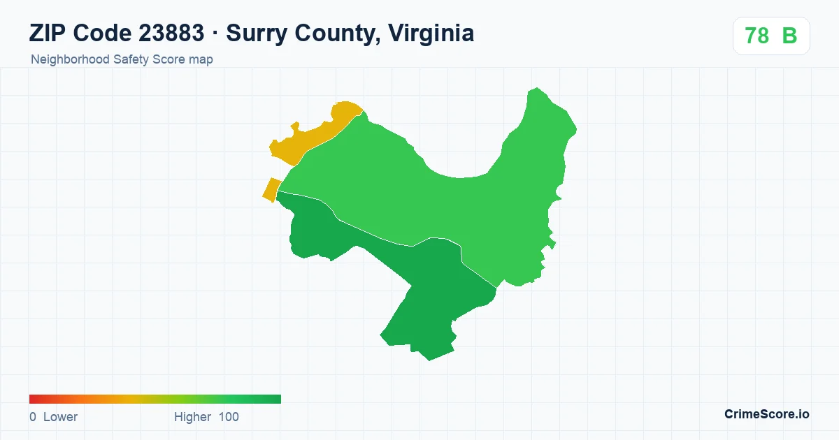 ZIP Code 23883 in Surry County, Virginia neighborhood Safety Score map