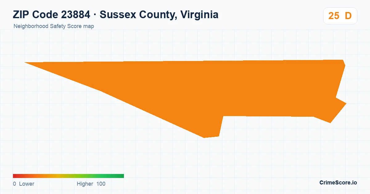 ZIP Code 23884 in Sussex County, Virginia neighborhood Safety Score map