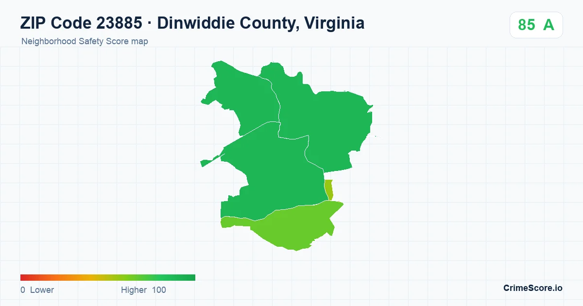 ZIP Code 23885 in Dinwiddie County, Virginia neighborhood Safety Score map