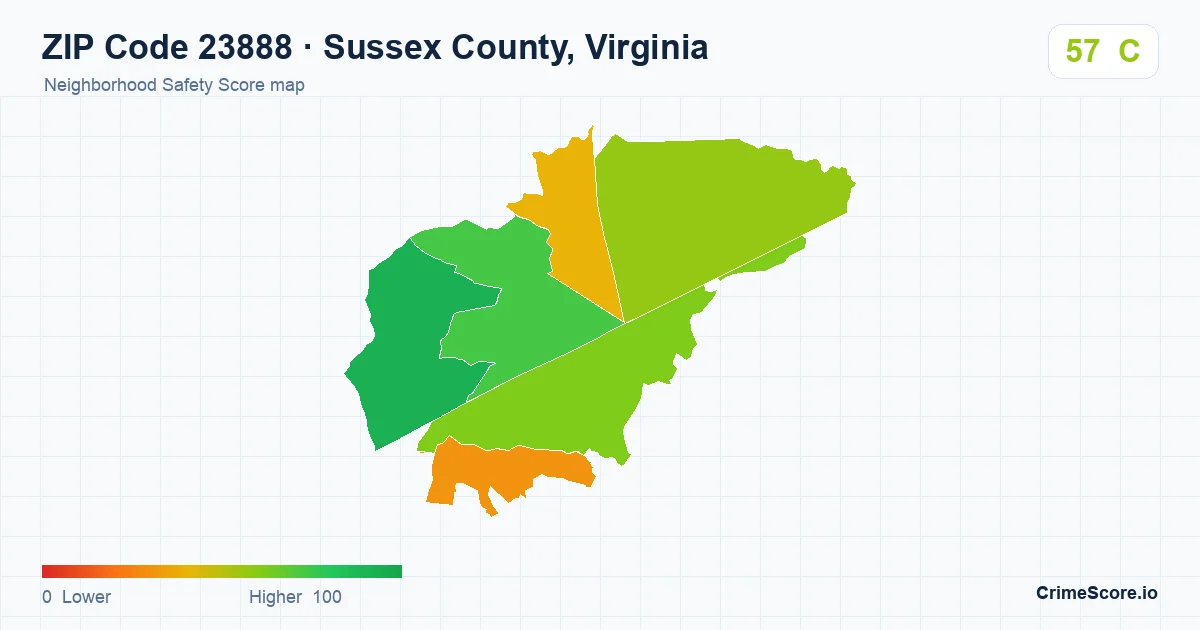 ZIP Code 23888 in Sussex County, Virginia neighborhood Safety Score map