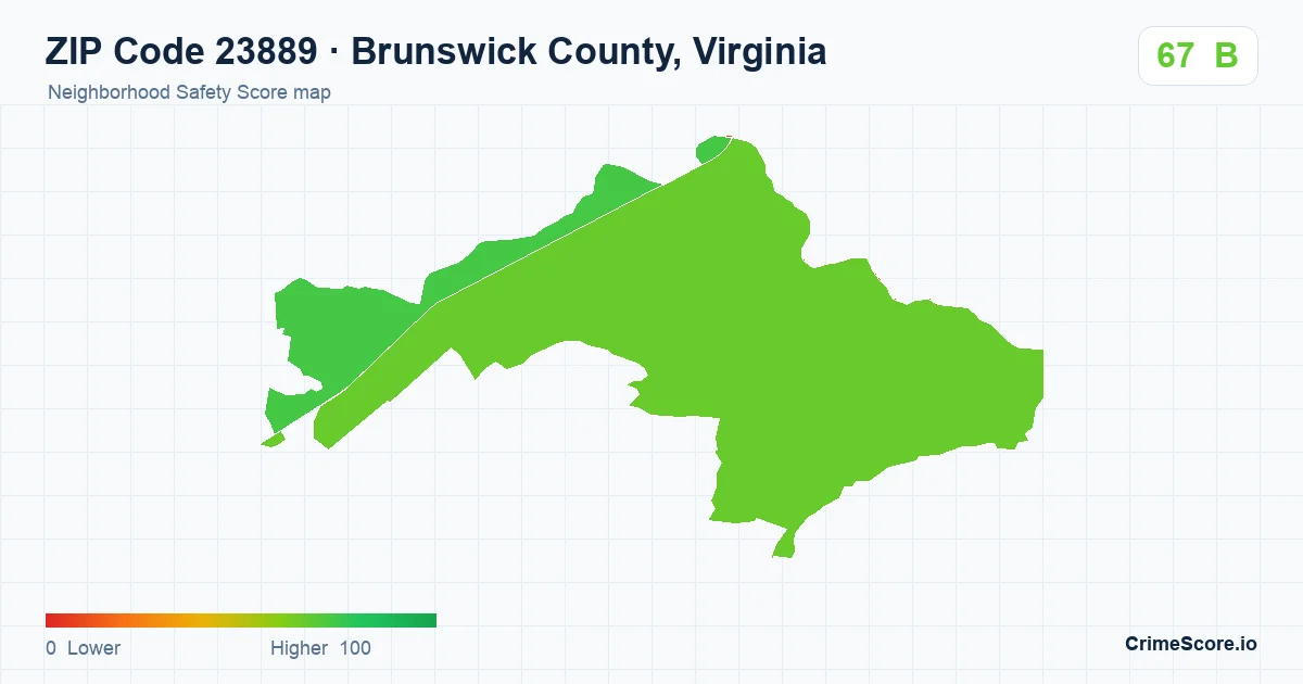 ZIP Code 23889 in Brunswick County, Virginia neighborhood Safety Score map