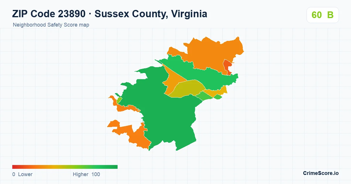 ZIP Code 23890 in Sussex County, Virginia neighborhood Safety Score map
