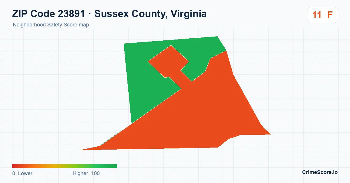 ZIP Code 23891 in Sussex County, Virginia neighborhood Safety Score map