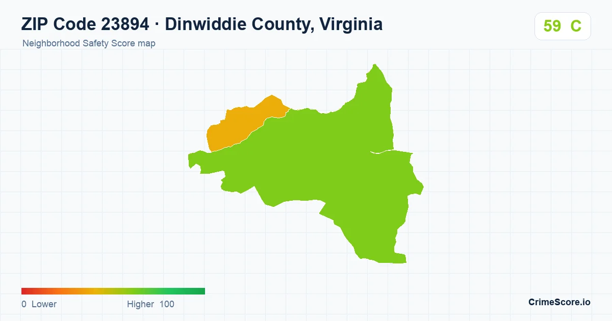 ZIP Code 23894 in Dinwiddie County, Virginia neighborhood Safety Score map